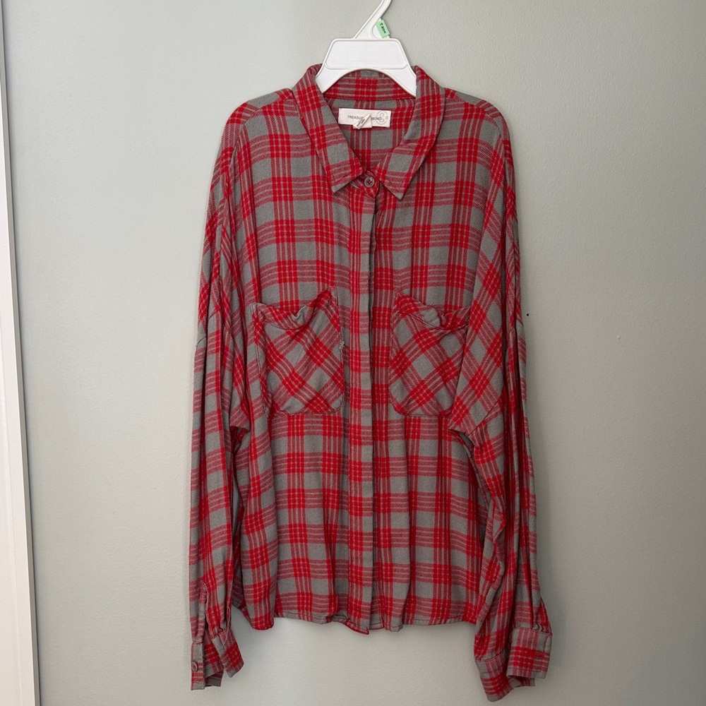 Treasure and Bond Girls size 10 Red and Gray Plaid Button-Up Shirt - oversized